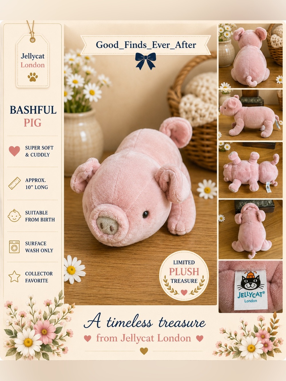 Jellycat London MELLOW MALLOW LOVEY Pal Piglet Pink small 9.5in Retired RARE